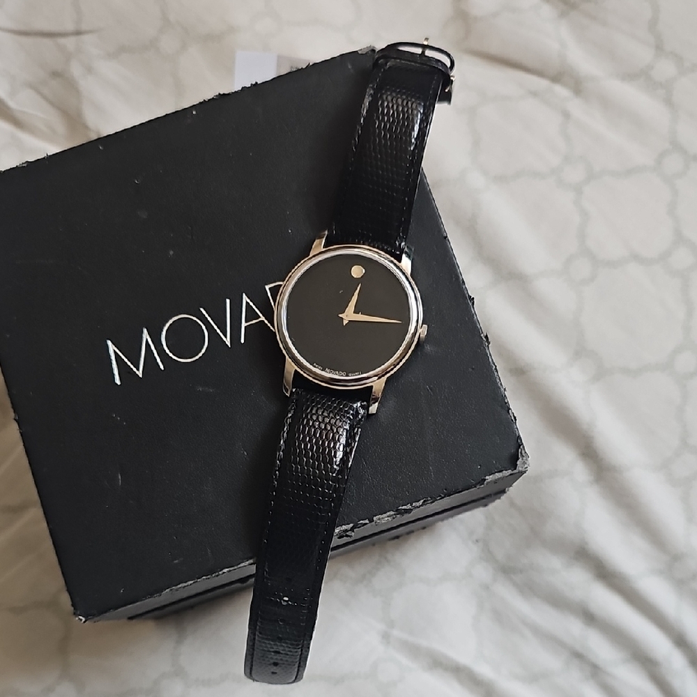 Movado Silver Case Black Leather Watch